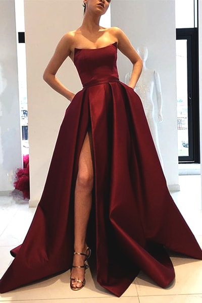 burgundry-strapless-prom-dress