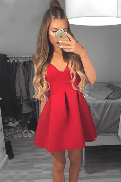 red-v-neck-short-prom-dress