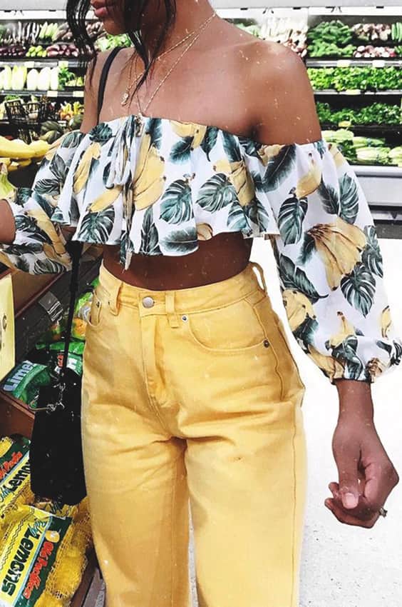 banana-printed-off-the-shoulder-yellow-pant-outfit