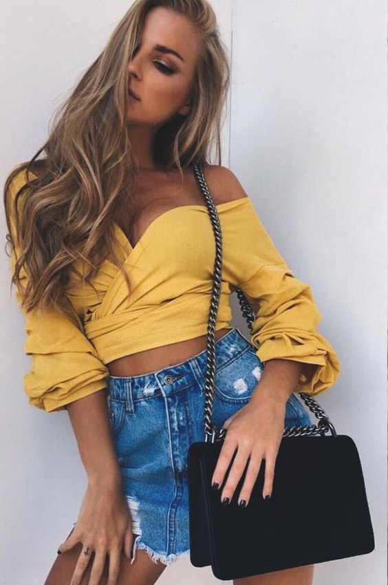 denim-skirt-yellow-off-the-shoulder-outfit