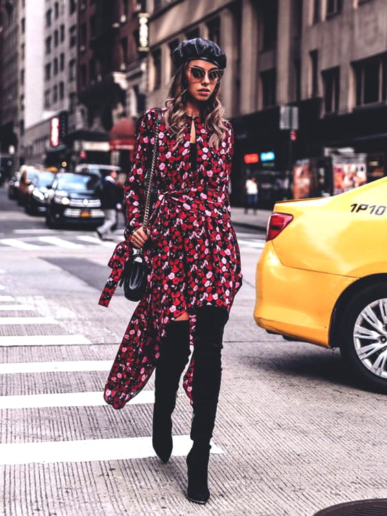 floral-red-midi-dress-fall-fashion-ideas