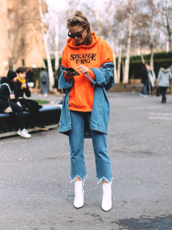 denim and orange outfits