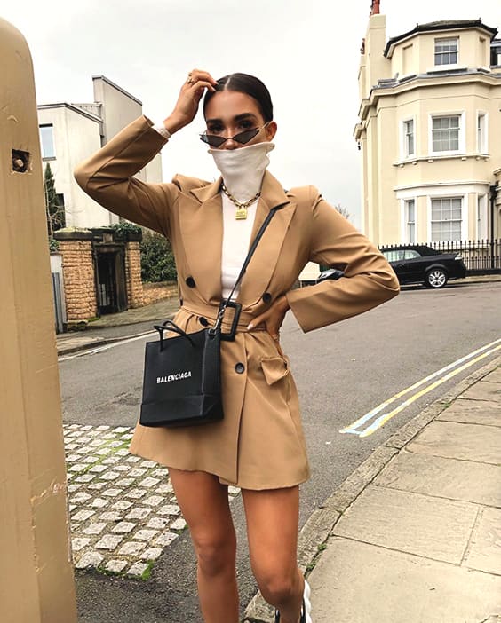 Camel Belted Blazer Dress White Turtleneck Sweater Outfit Idea Min Ecemella