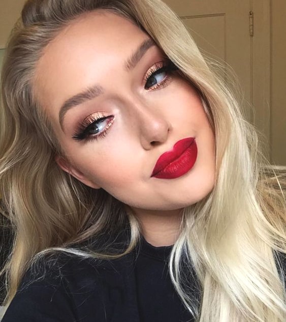 gold-eyeshadow-red-lips-makeup-look-night-out-makeup-ideas-min