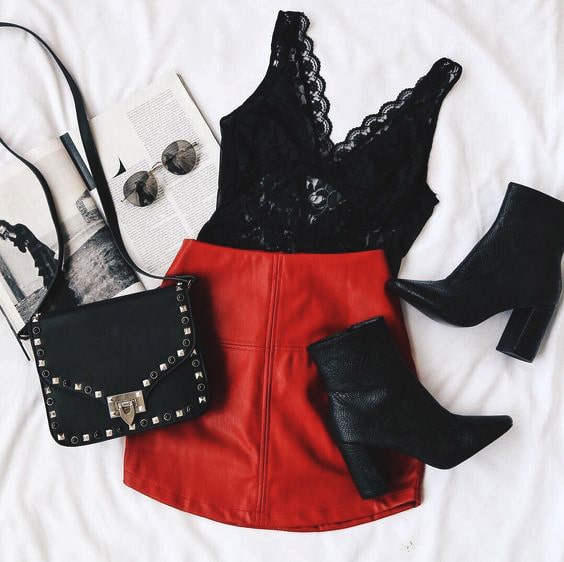 lace-black-top-red-leather-skirt-outfit-idea-valentines-day-min