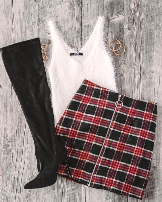 long-suede-boots-plaid-red-skirt-luxe-top-outfit-idea