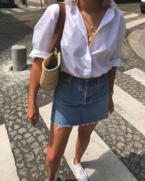 shirt and denim skirt