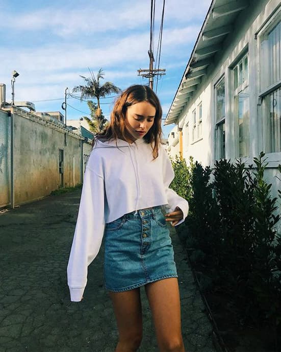 Denim skirt shop with hoodie