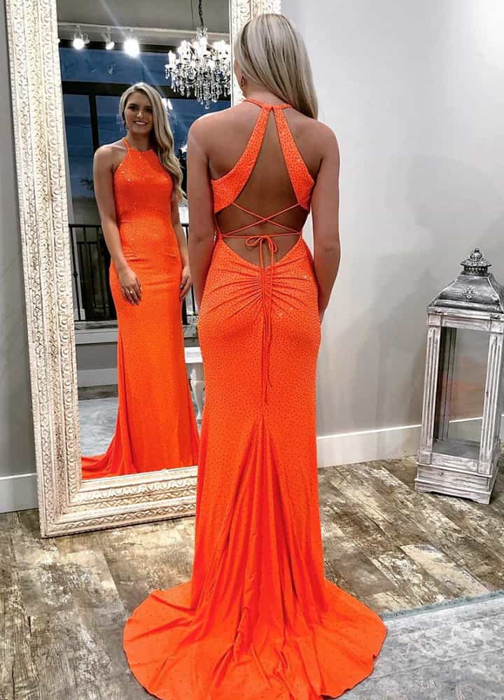 orange backless dress